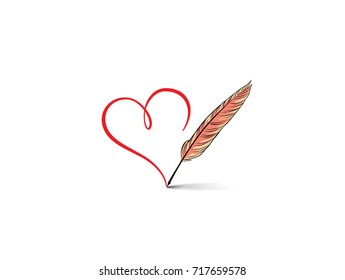 Love heart calligraphic hand drawn sign written by retro feather pen. Valentines day icon Holiday background. Greeting card design