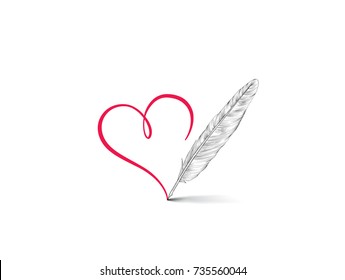 Love heart calligraphic hand drawn sign written by retro feather pen. Valentines day icon Holiday background. Greeting card design