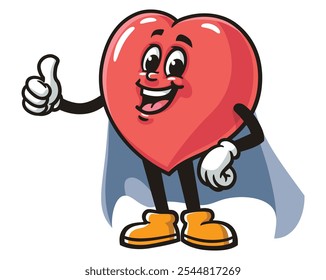 Love Heart with caped superhero style, Cartoon Mascot Illustration Character Vector Clip-art Hand-drawn Logo Design