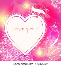 Love Heart Card with Birds and Flowers. Vector illustration, can be used as creating card, wedding invitation, birthday, valentine's day and other holiday and summer or spring background.