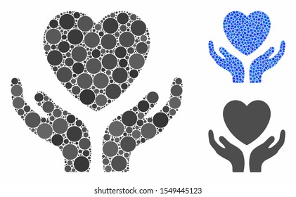 Love heart care hands composition of round dots in different sizes and color tones, based on love heart care hands icon. Vector dots are composed into blue composition.