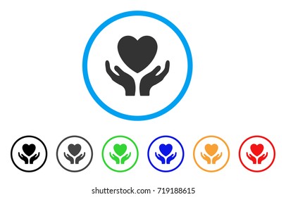 Love Heart Care Hands rounded icon. Style is a flat love heart care hands grey symbol inside light blue circle with black, gray, green, blue, red, orange color versions.