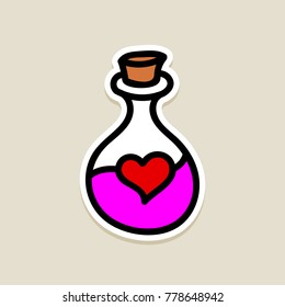 Love heart chemistry chemical flask romantic potion. Valentine's day icon, doodle, hand drawn. Decoration for greeting cards, posters, patches, prints for clothes, emblems, sticker, icon, logo.