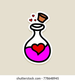 Love heart chemistry chemical flask romantic potion. Valentine's day icon, doodle, hand drawn. Decoration for greeting cards, posters, patches, prints for clothes, emblems, sticker, icon, logo.