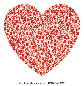 Love heart collage of dollar symbols and sphere dots. Vector dollar currency signs are united into love heart mosaic.