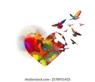 With love. Heart and colored birds. Happy Valentine's Day card. hand drawn. Not AI, Vector illustration