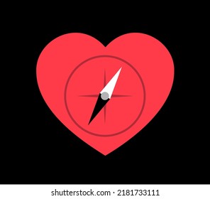 Love heart with compass - searching for romance and romantic feeling, love relationship, affection, fondness, attachment. Vector illustration isolated on white.