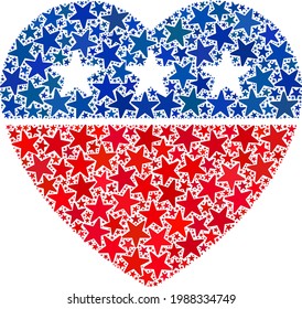 Composición del corazón de amor de las estrellas en tamaños variables y tonos de color. La ilustración del corazón del amor usa los colores oficiales norteamericanos azul y rojo de los partidos políticos demócratas y republicanos, y partes estelares.