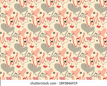 Love Heart concept seamless pattern. Modern stylish geometrical design, hand drawn blob brush doodle decorative elements outline shapes, dots. Transparent background. Vector illustration