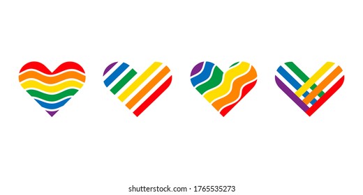 Love and heart creative design concepts. Abstract colorful icons, logo templates, signs, elements and symbols on a white background. SET of hearts from the lines of colorful rainbow colors. Vector.