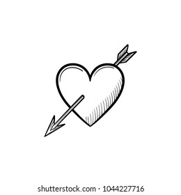 Love heart with cupid arrow hand drawn outline doodle icon. Valentine heart pierced by cupid arrow vector sketch illustration for print, web, mobile and infographics isolated on white background.