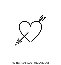 Love heart with cupid arrow hand drawn outline doodle icon. Valentine heart pierced by cupid arrow vector sketch illustration for print, web, mobile and infographics isolated on white background.