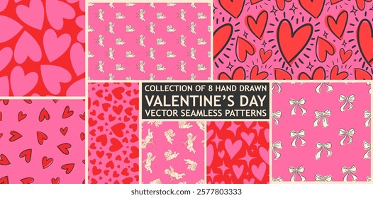 Love heart and cupids seamless pattern illustration set. Cute romantic pink hearts background print collection. Valentine's day holiday backdrop texture, hand drawn romantic design.