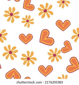Love heart, daisies, waves of positivity retro 70s seamless pattern. Yellow, orange, red scattered heart shapes on a swirling background. Cool, groovy design in the style of the seventies.