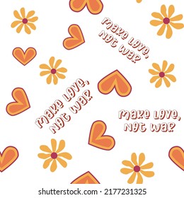 Love Heart, Daisies, Waves Of Positivity Retro 70s Seamless Pattern. Yellow, Orange, Red Scattered Heart Shapes On A Swirling Background. Cool, Groovy Design In The Style Of The Seventies.