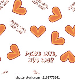 Love heart, daisies, waves of positivity retro 70s seamless pattern. Yellow, orange, red scattered heart shapes on a swirling background. Cool, groovy design in the style of the seventies.