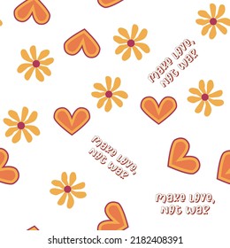 Love Heart, Daisies, Waves Of Positivity Retro 70s Seamless Pattern. Yellow, Orange, Red Scattered Heart Shapes On A Swirling Background. Cool, Groovy Design In The Style Of The Seventies.