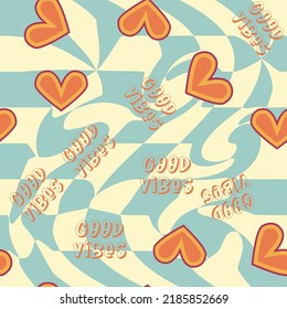 Love heart, daisies, waves of positivity retro 70s seamless pattern. Yellow, orange, red scattered heart shapes on a swirling background. Cool, groovy design in the style of the seventies.
