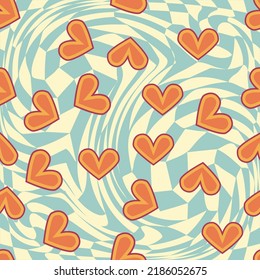 Love heart, daisies, waves of positivity retro 70s seamless pattern. Yellow, orange, red scattered heart shapes on a swirling background. Cool, groovy design in the style of the seventies.