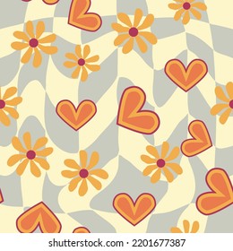 Love heart, daisies, waves of positivity retro 70s seamless pattern. Yellow, orange, red scattered heart shapes on a swirling background. Cool, groovy design in the style of the seventies.