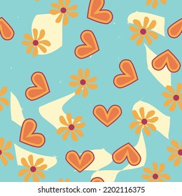 Love Heart, Daisies, Waves Of Positivity Retro 70s Seamless Pattern. Yellow, Orange, Red Scattered Heart Shapes On A Swirling Background. Cool, Groovy Design In The Style Of The Seventies.