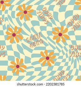 Love Heart, Daisies, Waves Of Positivity Retro 70s Seamless Pattern. Yellow, Orange, Red Scattered Heart Shapes On A Swirling Background. Cool, Groovy Design In The Style Of The Seventies.