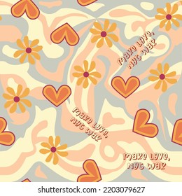 Love Heart, Daisies, Waves Of Positivity Retro 70s Seamless Pattern. Yellow, Orange, Red Scattered Heart Shapes On A Swirling Background. Cool, Groovy Design In The Style Of The Seventies.