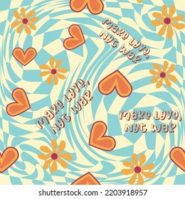Love heart, daisies, waves of positivity retro 70s seamless pattern. Yellow, orange, red scattered heart shapes on a swirling background. Cool, groovy design in the style of the seventies.