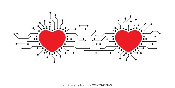 Amor, cita con el corazón, nube de citas, es una coincidencia. Tarjeta de circuito o tarjeta madre electrónica. las líneas y puntos se conectan. Datos de la tecnología de correspondencias de vectores. Concepto de citas en línea. San Valentín, Día de San Valentín.