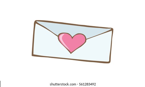 Love heart design on envelope for Valentines day. Mail drawing in doodle style.