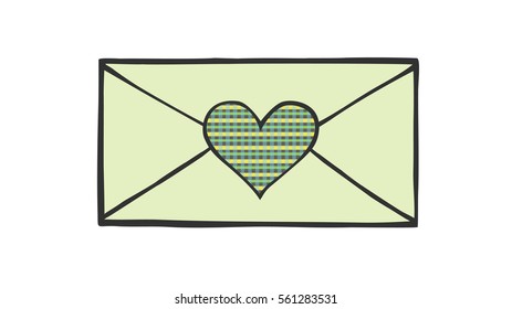 Love heart design on envelope for Valentines day. Mail drawing in doodle style.