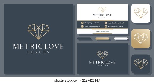 Love Heart Diamond Gold Luxury Elegant Geometric Vector Logo Design with Business Card