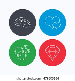 Love heart, diamond and wedding rings icons. Gay love linear sign. Linear icons on colored buttons. Flat web symbols. Vector