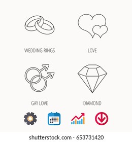 Love heart, diamond and wedding rings icons. Gay love linear sign. Calendar, Graph chart and Cogwheel signs. Download colored web icon. Vector