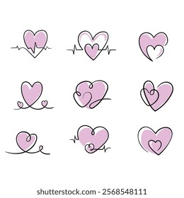 Love heart doodle drawing and sketching element logo symbol clip art set. Pink sticker set modern and cute Vector