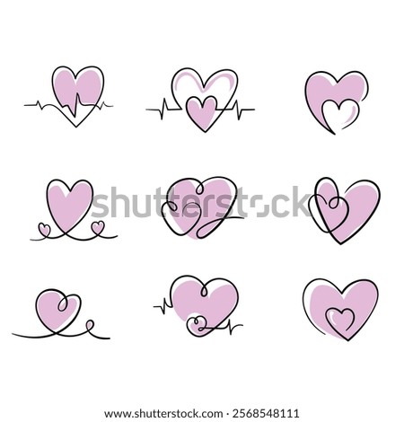 Love heart doodle drawing and sketching element logo symbol clip art set. Pink sticker set modern and cute Vector