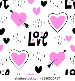 Love heart doodle seamless pattern. Modern hand drawn endless background in minimal style for valentines day design. Vector illustration with lettering