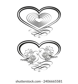 Love heart with doves calligraphically drawn sign, AI Not used. hand drawing
