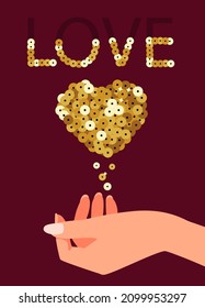 Love, heart with elements of golden glitter. Love, feelings and recognition. Vector illustration.