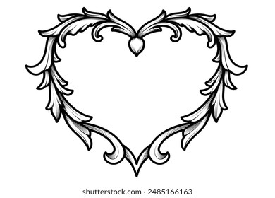 Love, Heart engraved frame with baroque ornament. Nubes, Swirl, filigree, classic vintage border element vector illustration.