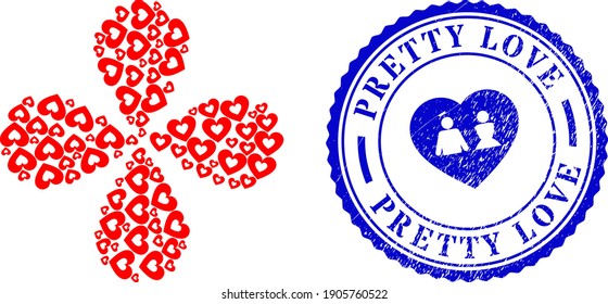 Love heart explosion flower with four petals, and blue round PRETTY LOVE grunge stamp with icon inside. Element burst done from oriented love heart items. Vector flower collage in flat style.