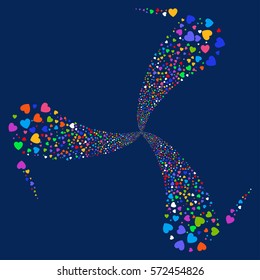 Love Heart fireworks swirl rotation. Vector illustration style is flat bright multicolored iconic symbols on a blue background. Object twirl combined from random pictograms.