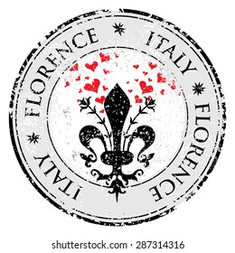 Love heart to The fleur de lis of Florence, travel destination grunge rubber stamp with symbol of Florence, Italy inside, vector illustration