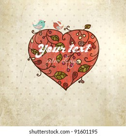 Love. Heart with floral ornament and birds