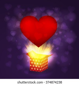 Love heart flying from present box on bokeh background. Vector Illustration.