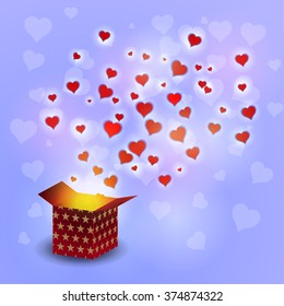 Love heart flying from present box on bokeh background. Vector Illustration.