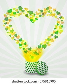 Love heart flying from present box on light background. Vector illustration.