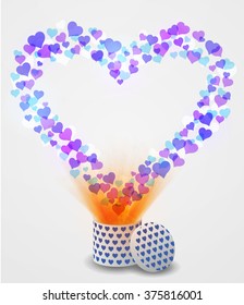 Love heart flying from present box on light background. Vector illustration.
