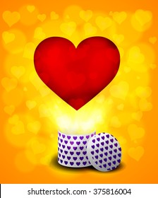 Love heart flying from present box on bokeh background. Vector Illustration.