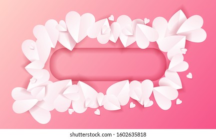 Love heart frame background textures with paper cut style. Romantic backdrop for valentine's card, wedding invitation, gift, title and name. Blank vector illustration.